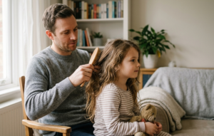 Padre desenredado pelo a niña